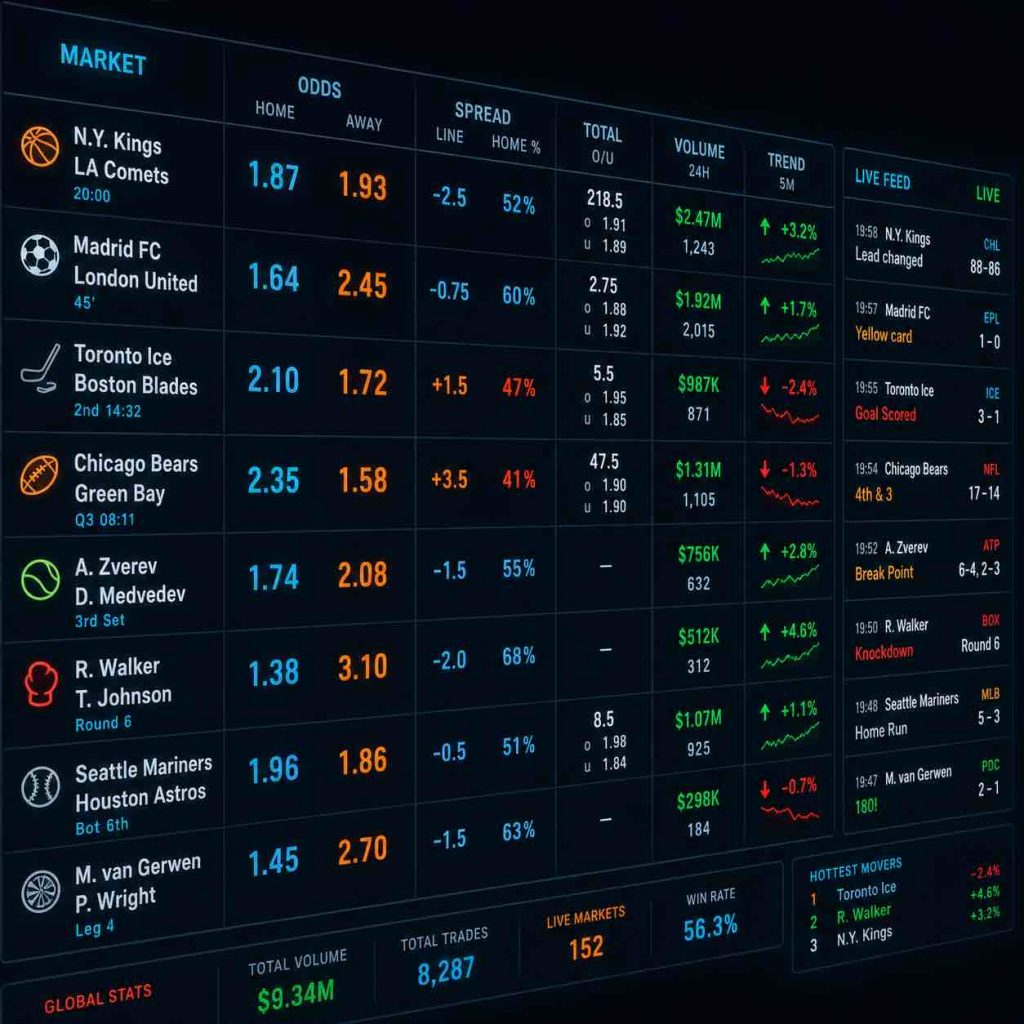 Futuristic sports betting dashboard showing live markets, odds, spreads, volume, trends, and real-time game updates on a dark digital display.