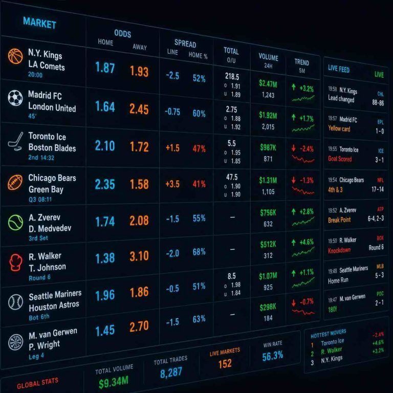 Futuristic sports betting dashboard showing live markets, odds, spreads, volume, trends, and real-time game updates on a dark digital display.