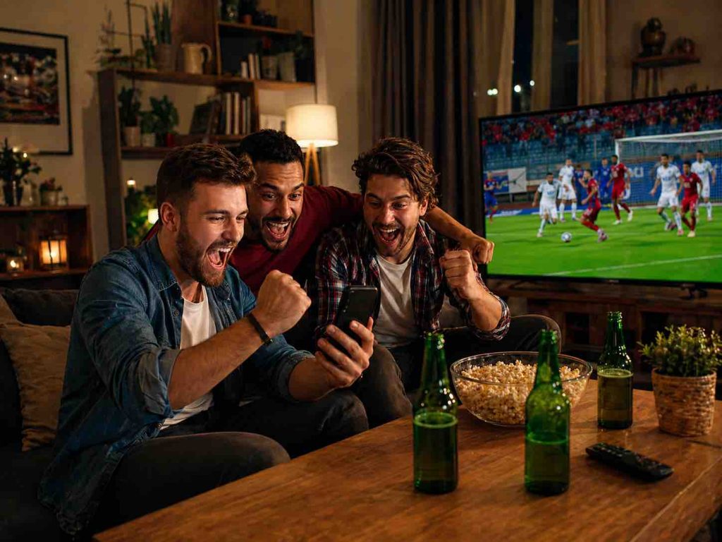 Three friends celebrating in a cozy living room while checking a smartphone and watching a soccer match on TV.
