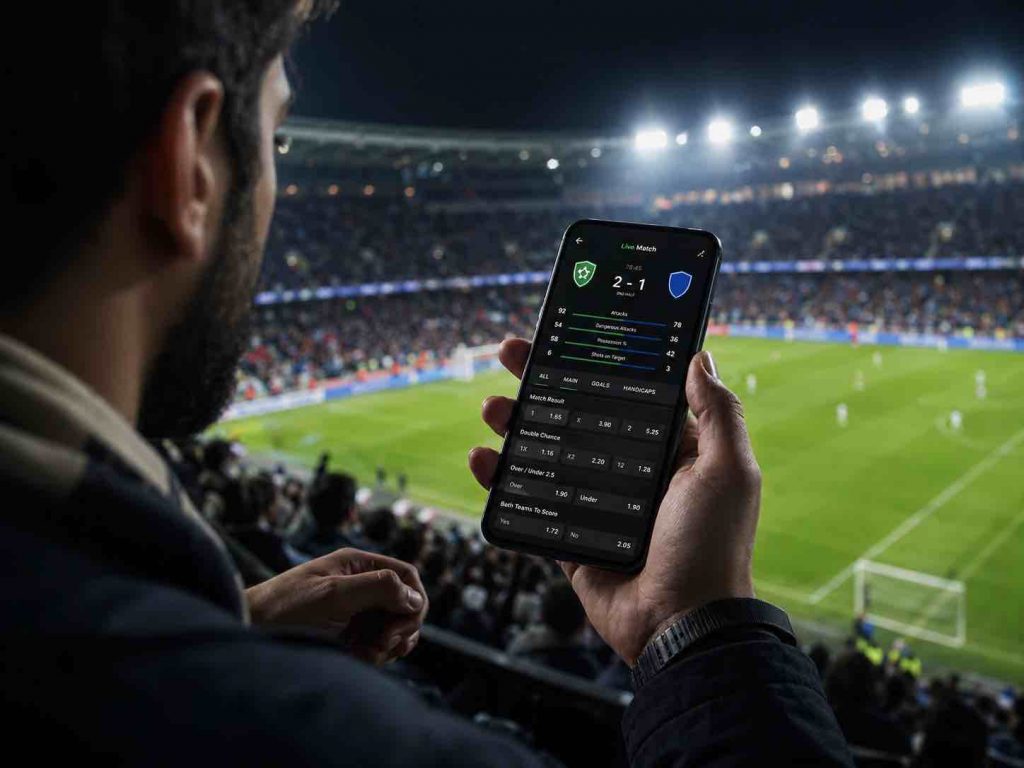 Football fan in a stadium checking live soccer scores, match stats, and betting odds on a smartphone during a night match.
