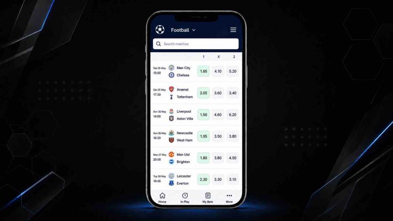 Smartphone displaying a football odds comparison app interface on a dark futuristic background.