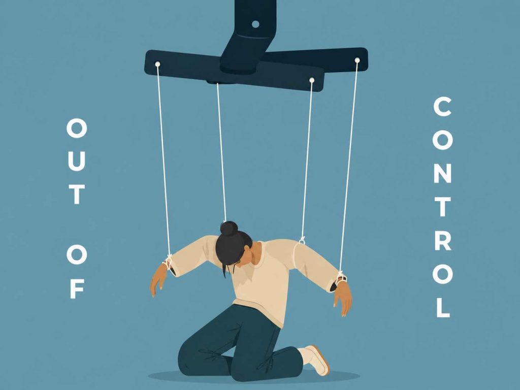 Illustration of a slumped person controlled by puppet strings, with “Out of Control” text on a blue background.