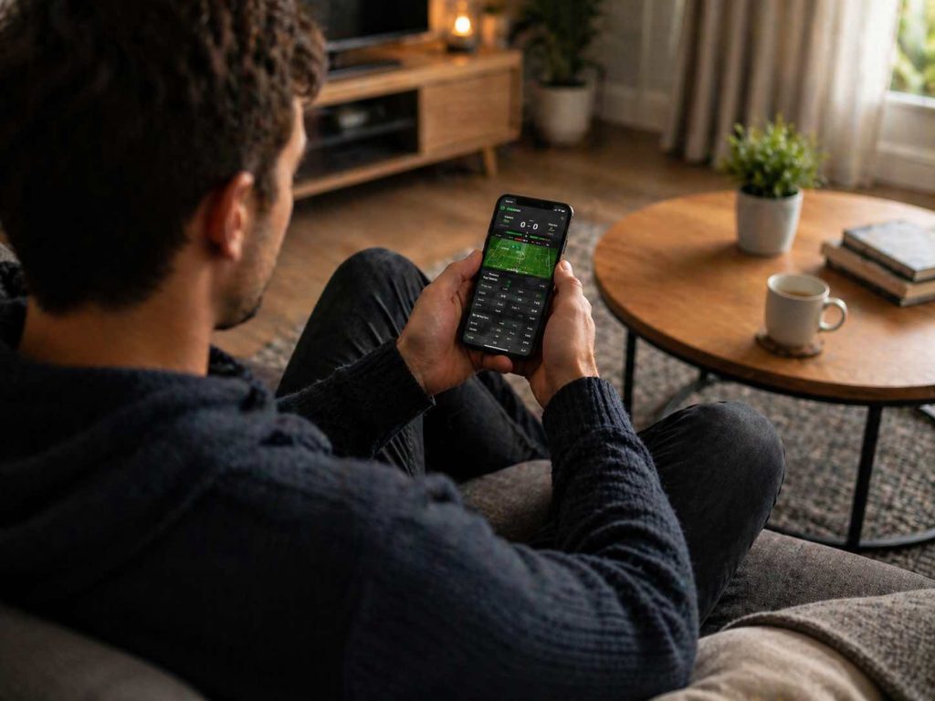 Man sitting on a sofa checking a soccer match statistics and odds interface on his smartphone in a cozy living room.
