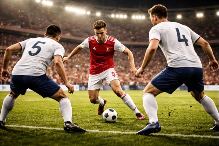 A football player dribbles the ball while facing two defenders in a stadium under floodlights.