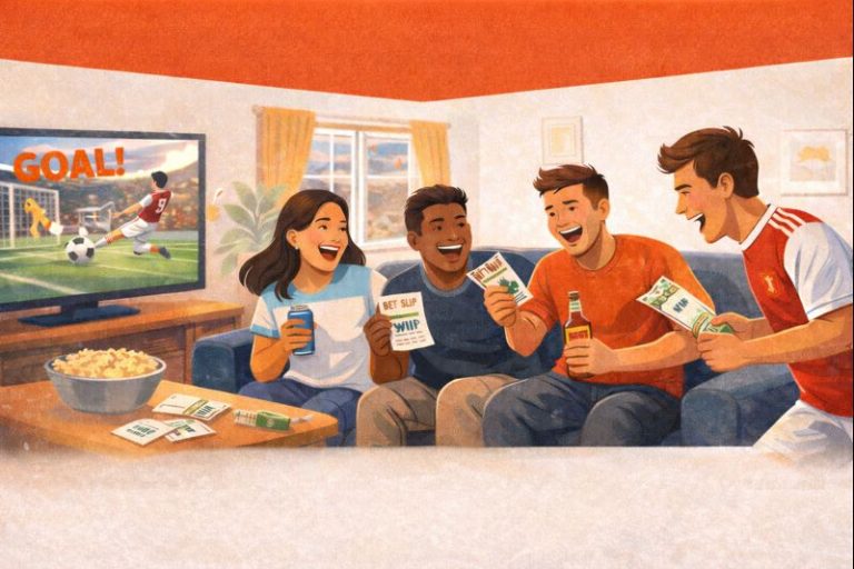 Four friends watch a soccer match on TV in a cozy living room, smiling and holding small bet slips and snacks.