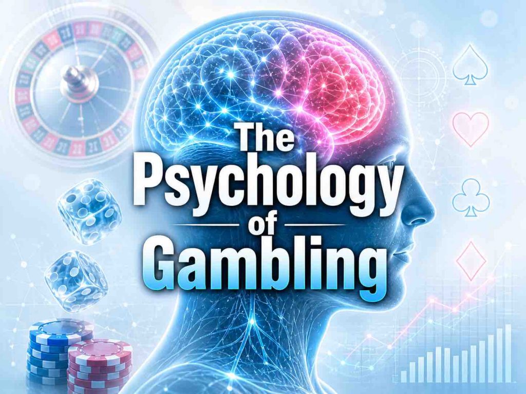 Right-facing human head with a glowing brain, casino symbols, dice, poker chips, and “The Psychology of Gambling” title on a light blue background.
