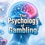Right-facing human head with a glowing brain, casino symbols, dice, poker chips, and “The Psychology of Gambling” title on a light blue background.