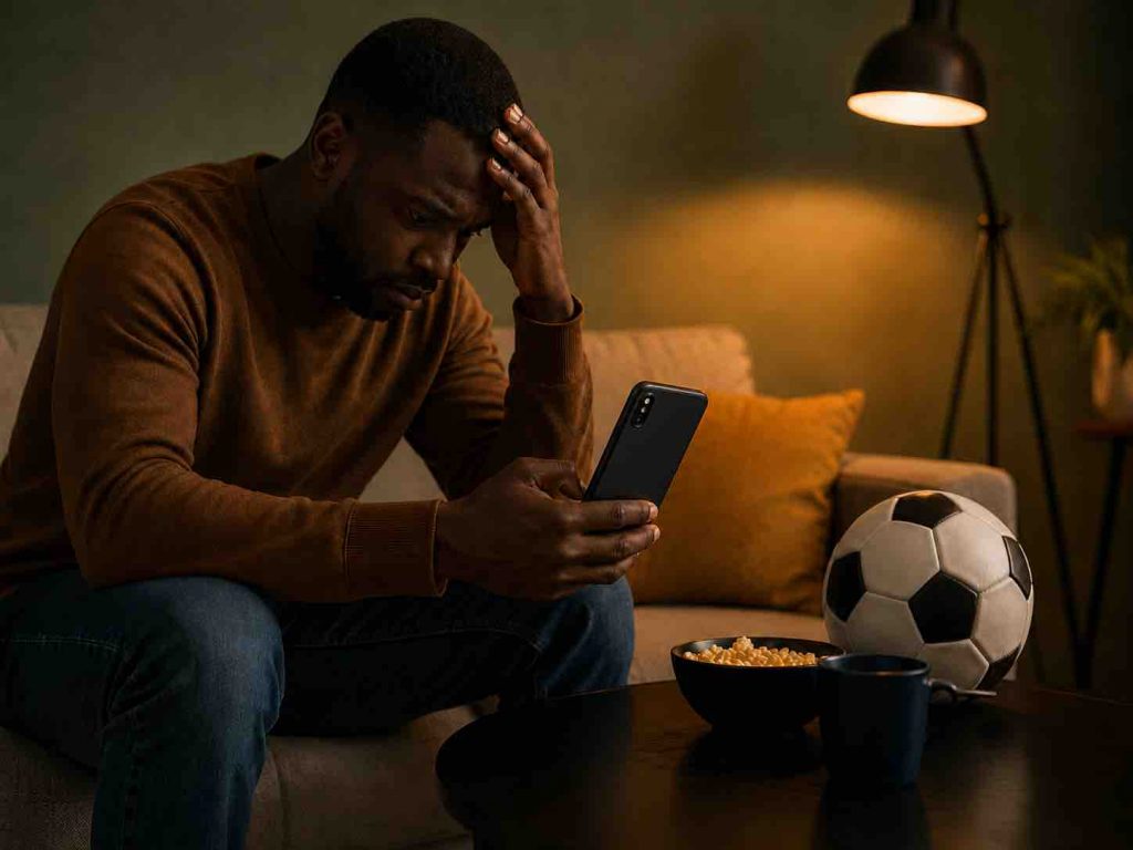 Man sitting on a couch with a worried expression while holding a smartphone, with a soccer ball on the table in a dimly lit living room.
