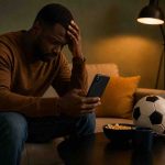 Man sitting on a couch with a worried expression while holding a smartphone, with a soccer ball on the table in a dimly lit living room.