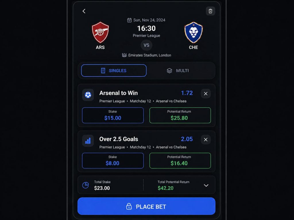 Dark-themed mobile sports betting slip interface showing Arsenal vs Chelsea selections, odds, stake amounts, potential returns, and a blue “Place Bet” button.