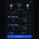 Dark-themed mobile sports betting slip interface showing Arsenal vs Chelsea selections, odds, stake amounts, potential returns, and a blue “Place Bet” button.