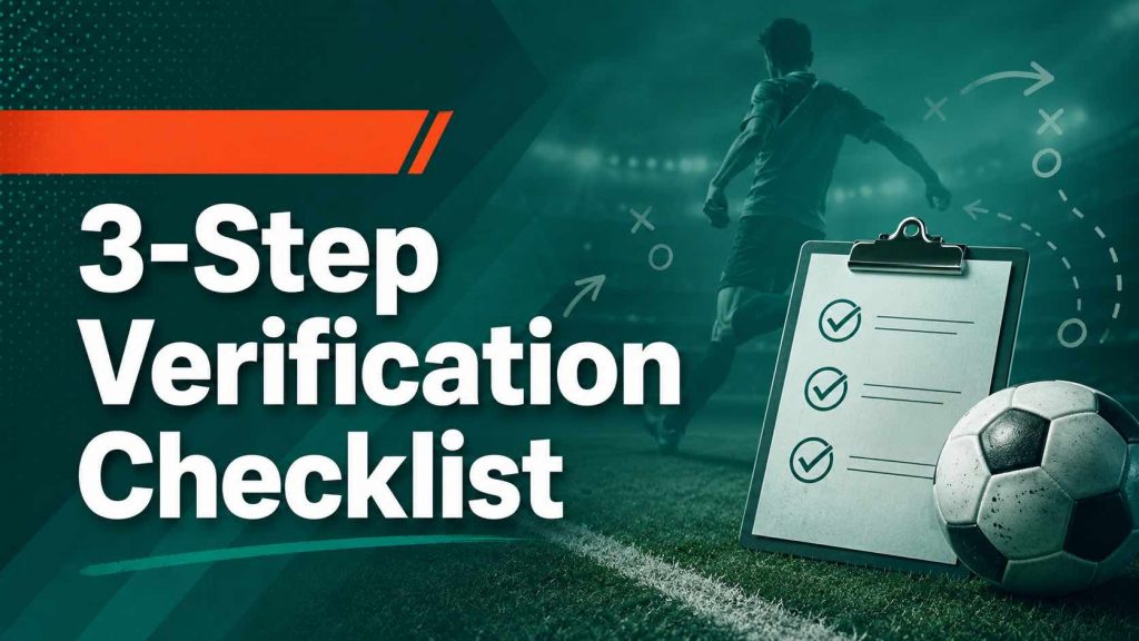 3-Step Verification Checklist football graphic featuring a soccer field, checklist clipboard, football, and tactical elements.