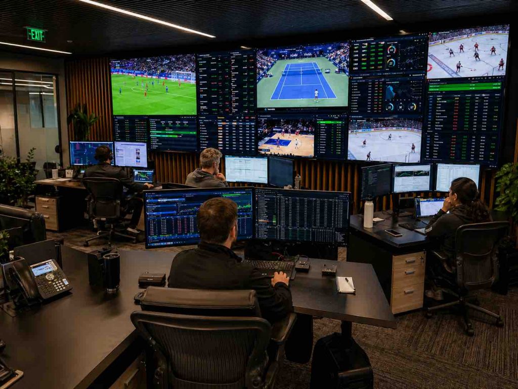 Sports analytics control room with staff monitoring live games, odds data, dashboards, and multiple screens in a modern operations center.