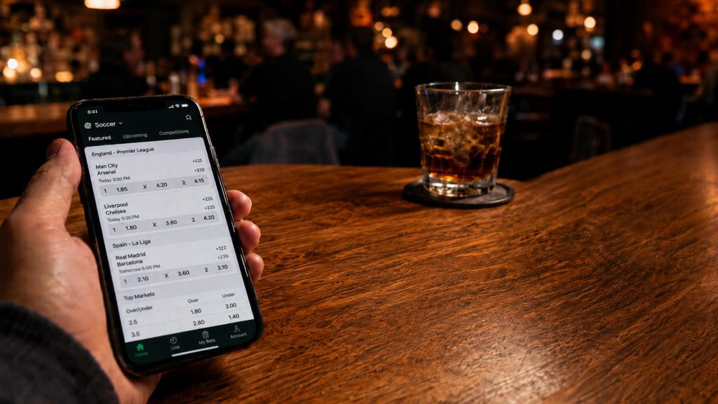 Soccer betting market on a smartphone at a cozy bar, with a drink on the table and warm blurred background.