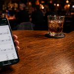 Soccer betting market on a smartphone at a cozy bar, with a drink on the table and warm blurred background.