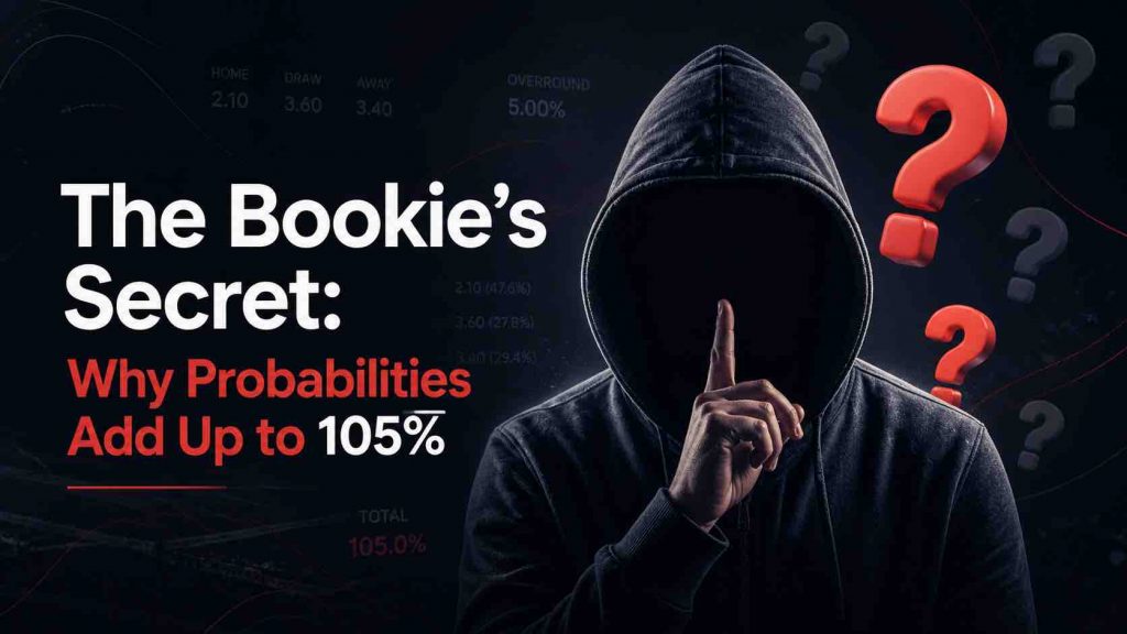 Mysterious hooded figure making a shushing gesture beside question marks and betting probability text about bookmaker overround adding up to 105%.