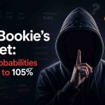 Mysterious hooded figure making a shushing gesture beside question marks and betting probability text about bookmaker overround adding up to 105%.