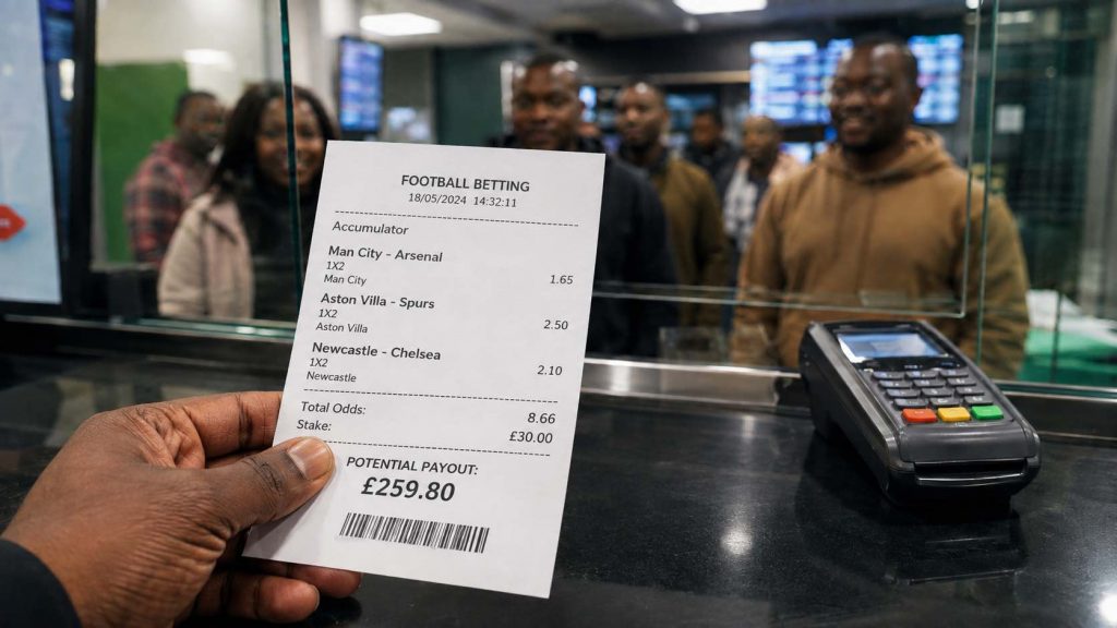 Football betting slip at a betting shop counter, showing a close-up payout receipt behind glass with a card terminal and blurred customers in the background.