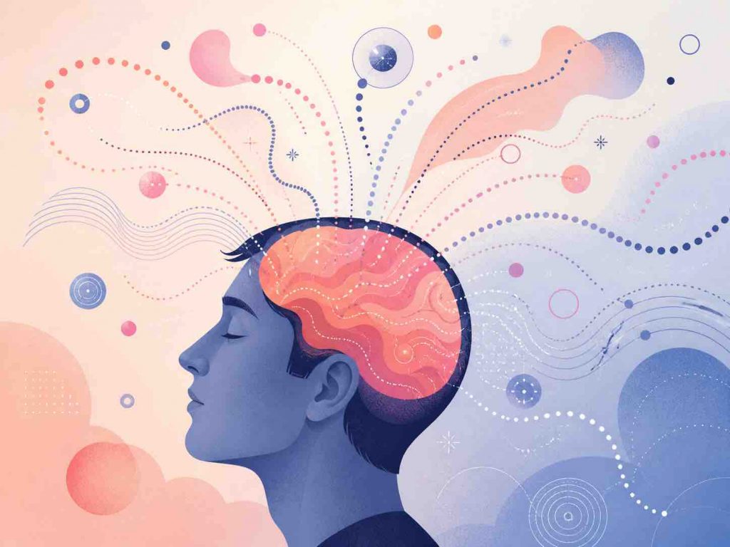 Pastel illustration of a side-profile human head with a visible brain and abstract dotted thought patterns flowing outward.