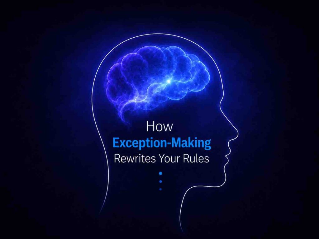 Blue conceptual illustration of a human head profile with a glowing brain and the text “How Exception-Making Rewrites Your Rules” on a dark background.