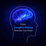 Blue conceptual illustration of a human head profile with a glowing brain and the text “How Exception-Making Rewrites Your Rules” on a dark background.