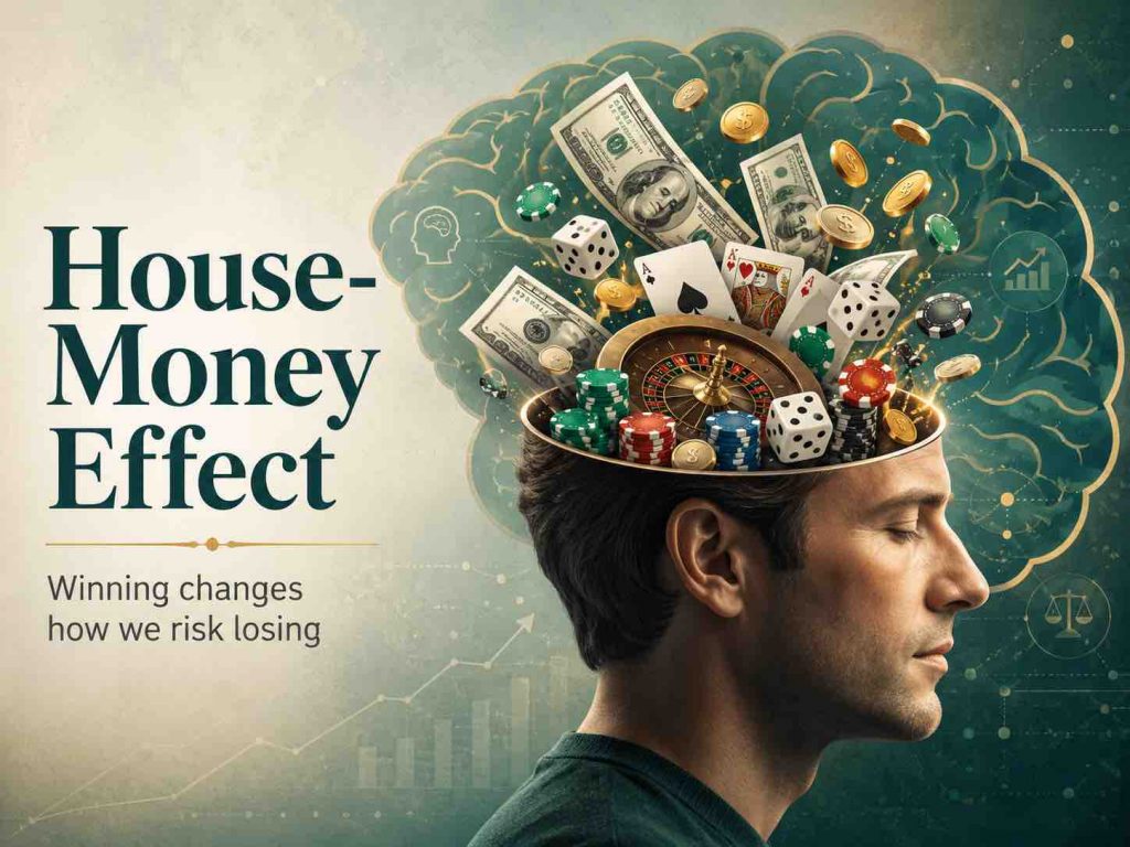 Conceptual House-Money Effect illustration showing a side-profile human head with an exposed brain filled with money, casino chips, cards, dice, and a roulette wheel.