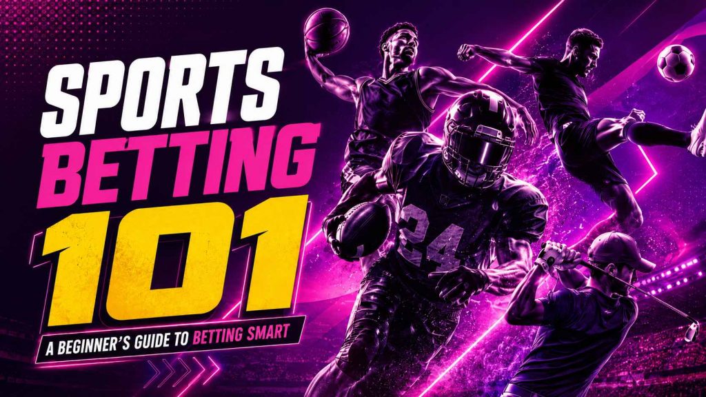 Sports Betting 101 graphic featuring football, basketball, soccer, and golf athletes against a vibrant purple stadium background