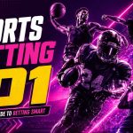 Sports Betting 101 graphic featuring football, basketball, soccer, and golf athletes against a vibrant purple stadium background