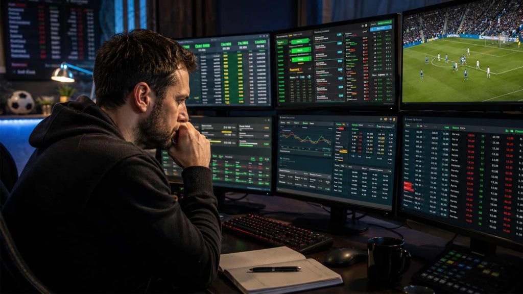 Sports betting analyst monitoring football odds, live match data, and betting market screens on multiple monitors.
