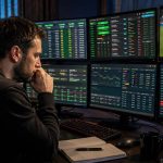 Sports betting analyst monitoring football odds, live match data, and betting market screens on multiple monitors.