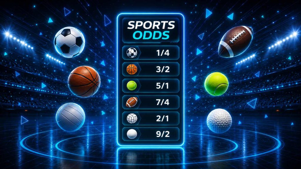 Futuristic sports odds display showing multiple sports balls around a neon odds board with fractional betting odds.