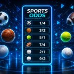 Futuristic sports odds display showing multiple sports balls around a neon odds board with fractional betting odds.