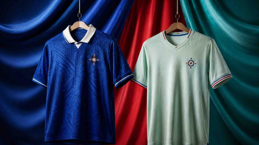Two generic football jerseys hanging on wooden hangers against dramatic blue, red, and teal fabric drapery.
