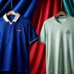 Two generic football jerseys hanging on wooden hangers against dramatic blue, red, and teal fabric drapery.