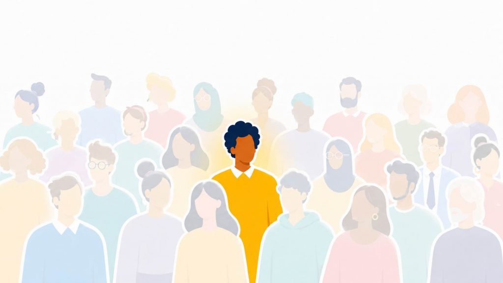Central person highlighted among a diverse crowd using color contrast to represent standing out, individuality, and community focus.