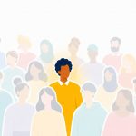 Central person highlighted among a diverse crowd using color contrast to represent standing out, individuality, and community focus.