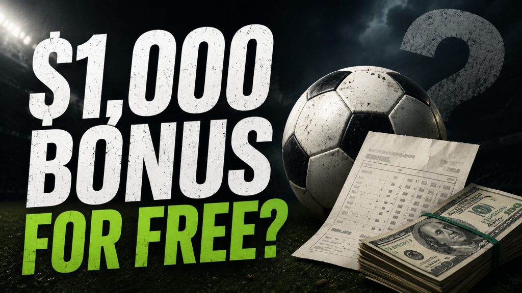 Sports betting bonus graphic showing “$1,000 bonus for free?” with a soccer ball, cash, and a betting slip on a dark stadium-style background.