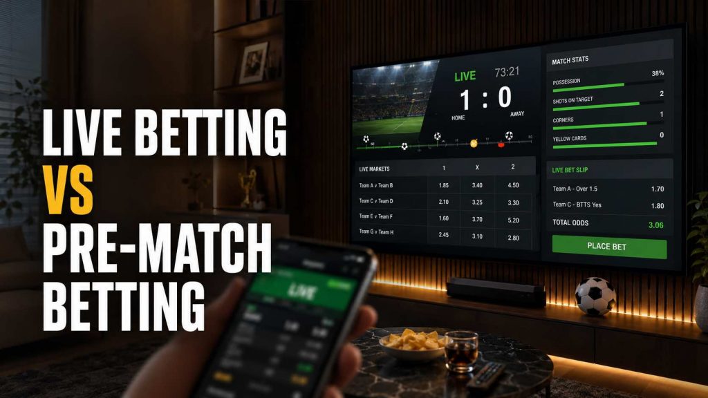 Live betting vs pre-match betting comparison graphic showing a football match on screen, smartphone betting interface, and home viewing setup.