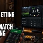 Live betting vs pre-match betting comparison graphic showing a football match on screen, smartphone betting interface, and home viewing setup.