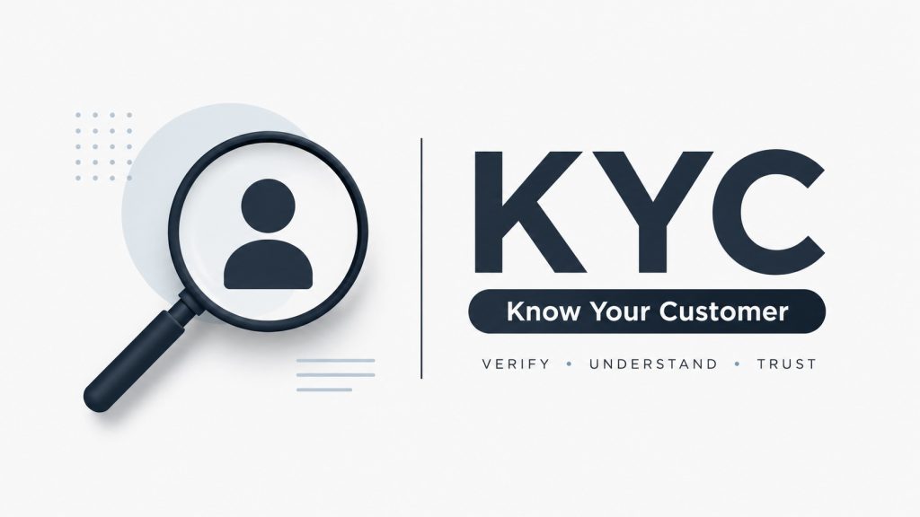 KYC customer verification graphic with a magnifying glass, user profile icon, and Know Your Customer text on a clean white background.