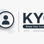 KYC customer verification graphic with a magnifying glass, user profile icon, and Know Your Customer text on a clean white background.