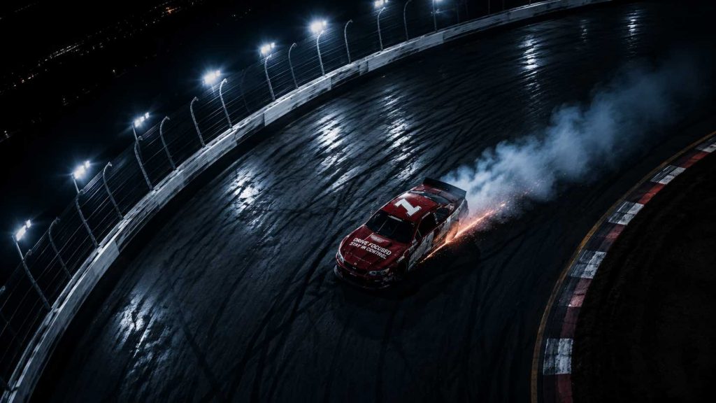 Night racing scene showing a single drifting race car on a lit track with smoke and sparks, representing control and risk in high-pressure situations.