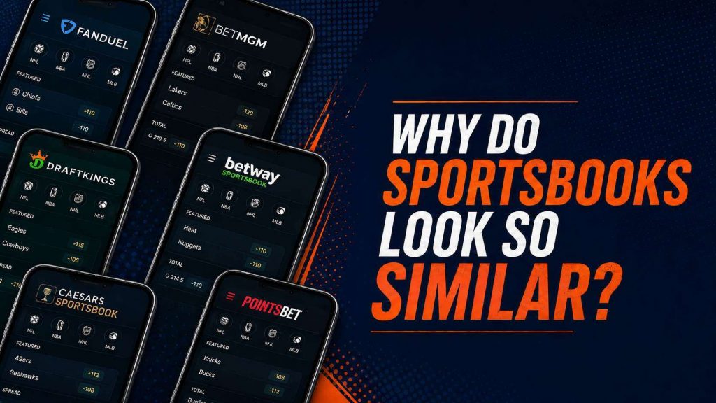 Multiple sportsbook app screens with similar dark mobile betting interfaces beside the text “Why do sportsbooks look so similar?
