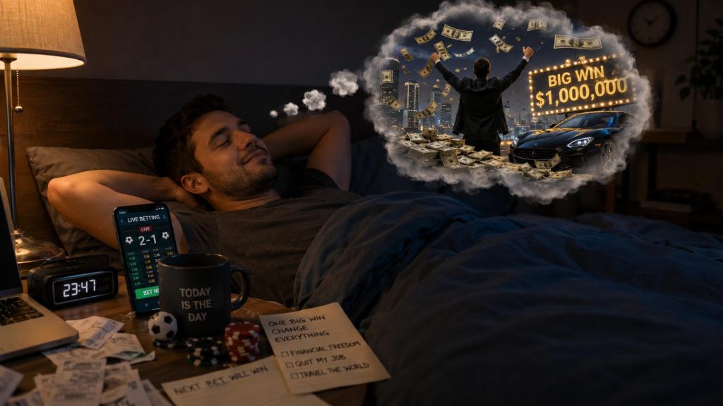 Man lying in bed dreaming about a big gambling win, with live betting phone screen, cash, betting chips, and fantasy wealth symbols.