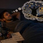Man lying in bed dreaming about a big gambling win, with live betting phone screen, cash, betting chips, and fantasy wealth symbols.