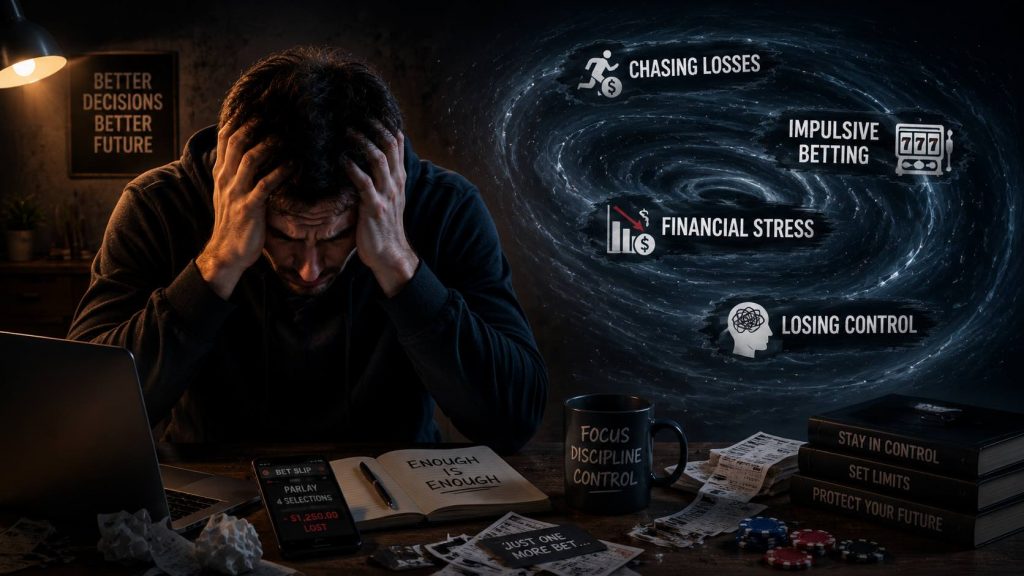 Gambling addiction awareness image showing a distressed bettor facing financial stress, chasing losses, and losing control with responsible betting reminders.