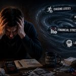 Gambling addiction awareness image showing a distressed bettor facing financial stress, chasing losses, and losing control with responsible betting reminders.