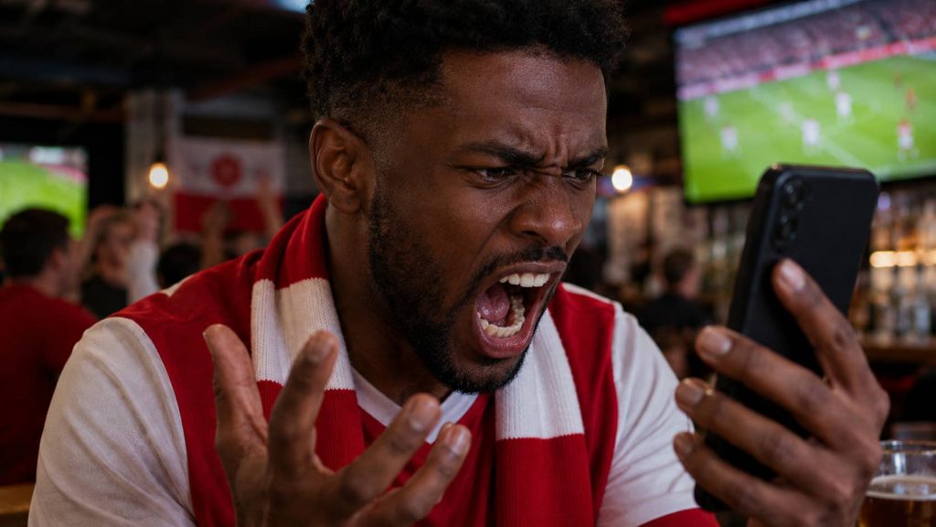 Angry Black football fan shouting at his smartphone while watching a match in a sports bar
