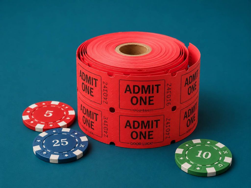 Red admit-one ticket roll with betting chips on a teal background, showing a casino-style ticket and chip concept.