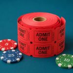 Red admit-one ticket roll with betting chips on a teal background, showing a casino-style ticket and chip concept.